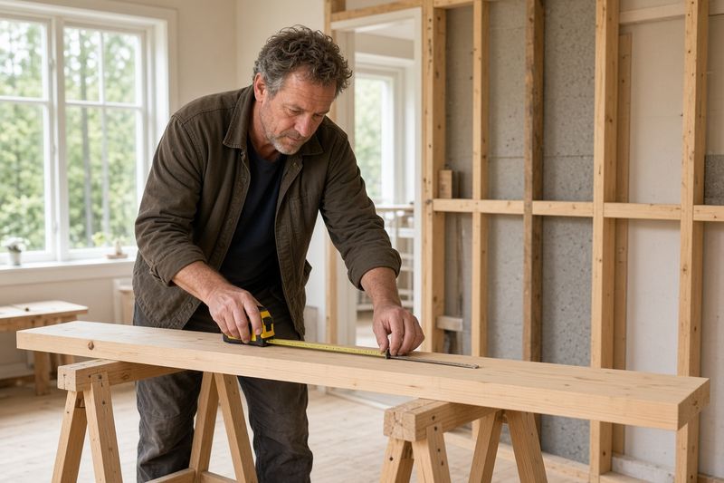 En snickare mäter en planka på bockar i ett ljust hus under renovering