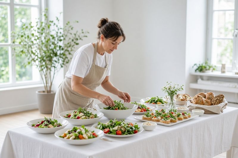En cateringkock dukar upp ett buffébord med sallader, smörgåsar och bröd i en ljus festlokal