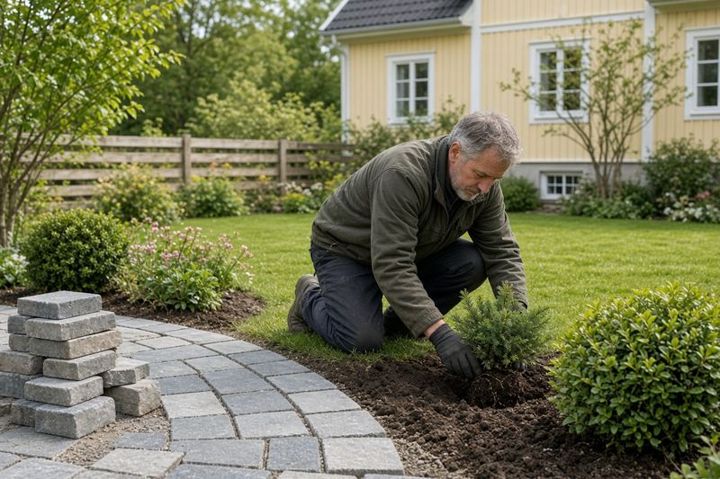 En trädgårdsarbetare planterar buskar bredvid en nylagd stenläggning vid en gul villa