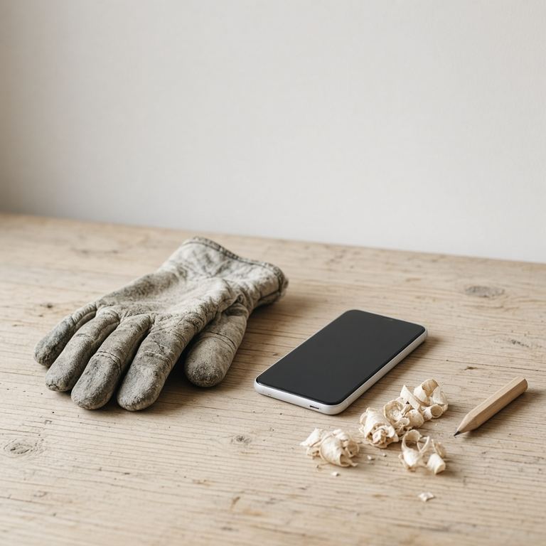 Arbetshandskar, en mobil, en penna och träspån på en arbetsbänk