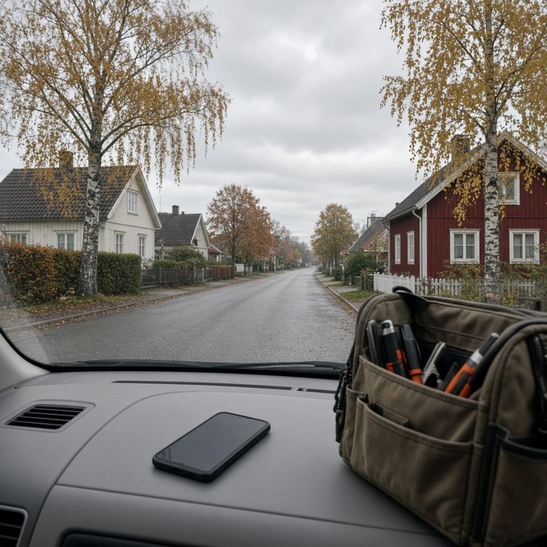 Utsikt från förarplatsen i en servicebil: en svensk villagata med röda hus, en mobil och en verktygsväska på instrumentbrädan